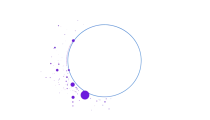 Abstract, minimalist composition. A hollow, multi-lined circle hovers over dark background, accented by a cluster of purple and violet pixels