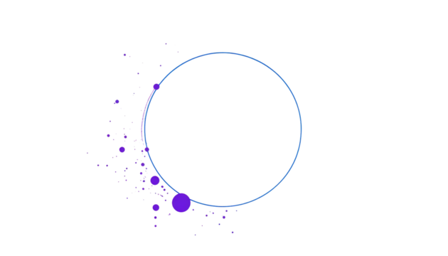 Abstract, minimalist composition. A hollow, multi-lined circle hovers over dark background, accented by a cluster of purple and violet pixels