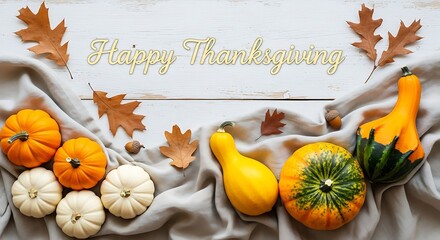 Happy Thanksgiving script with pumpkins and leaves over wooden background