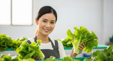 Smiling Asian woman proudly presents freshly harvested vibrant green lettuce, symbolizing healthy eating and sustainable agriculture from her modern hydroponic farm