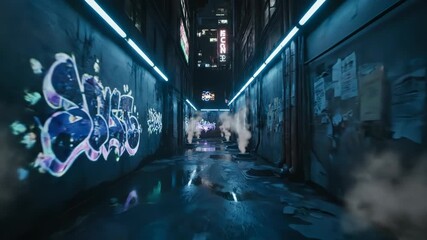 A neon-lit, narrow alleyway in a cyberpunk city with graffiti, steam vents, and rain-slicked pavement. A dark, moody scene - Powered by Adobe
