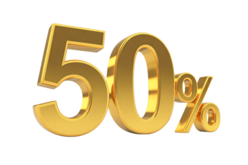 Golden 50 percent symbol isolated on white background