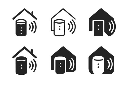 Interactive Home Logos. Interactive home entertainment experiences. Icon set. Set Logo of interactive home entertainment experiences: smart speaker with voice