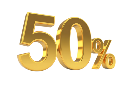 Golden 50 percent symbol isolated on white background