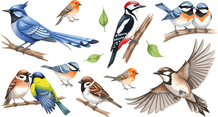 Fototapeta premium Beautiful Watercolor Style Vector Collection of Various Wild Songbirds like Blue Jay, Woodpecker, and Sparrows on Branches with Green Leaves