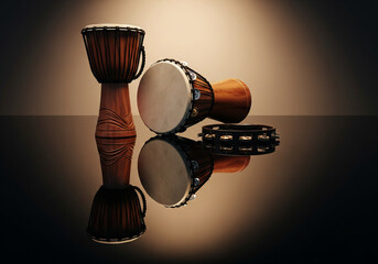 Still Life of Djembe, Bongo, and Tambourine on Reflective Surface