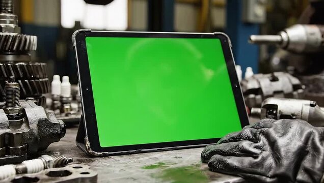 A tablet with a green screen rests amidst mechanical parts in a workshop setting.