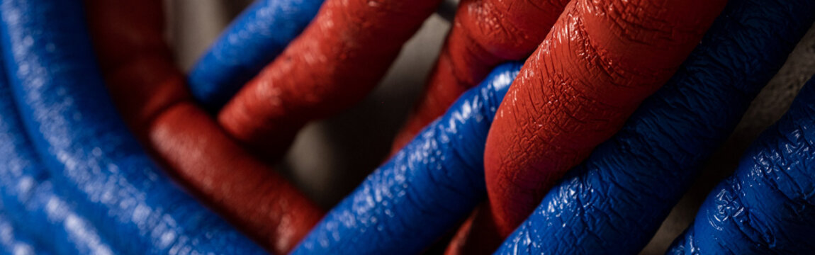 Complex residential heating manifold system with valves, gauges, and piping network