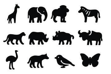 Obraz premium Wildlife Icon Set. Wildlife scene. Solid icon set of Wildlife scene: giraffe, elephant, lion, zebra, cheetah, rhinoceros, warthog, buffalo, ostrich, hyena,