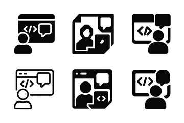 Developer Workspace Logos. developer coding in a collaborative workspace. Icon set. Set Logo of developer coding in a collaborative workspace: code window and