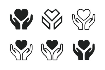 Obraz premium Heart in Hands Logos. personalized service. Icon set. Set Logo of personalized service: heart in hands. harmonious logo variations of the same emblematic