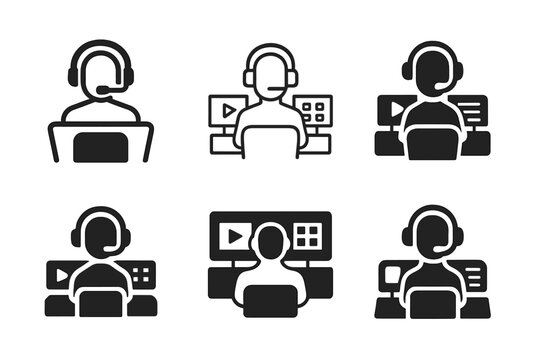 TV Control Room Logos. TV control room and technicians. Icon set. Set Logo of TV control room and technicians: headset operator. harmonious logo variations of