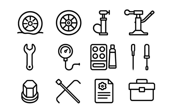 Flat Tire Essentials. Flat Tire Kit. Line icon set of Flat Tire Kit: flat tire, spare tire, tire inflator, jack, wrench, air gauge, patch kit, screwdriver, lug