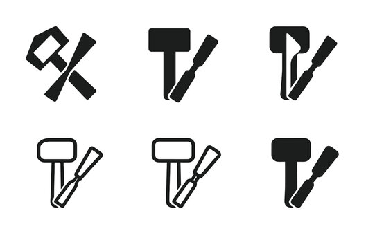Fine Art Tool Logos. Fine art techniques and tools. Icon set. Set Logo of Fine art techniques and tools: sculptor?s chisel and mallet. harmonious