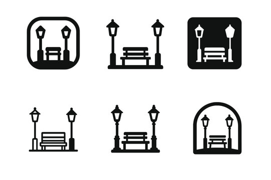 Town Square Logos. town square. Icon set. Set Logo of town square: lamp posts and benches silhouette. harmonious logo variations of the same emblematic