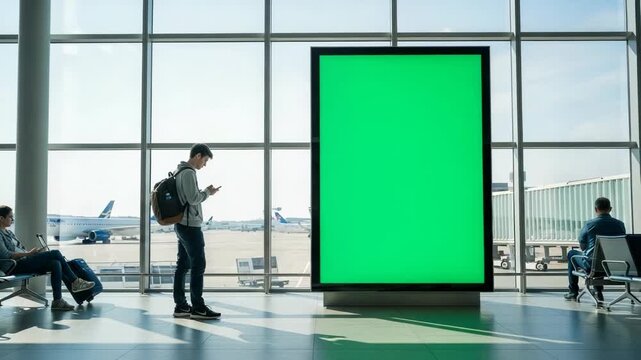 Traveler using phone near green screen billboard in airport waiting area