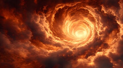 Fiery spiral vortex of intense orange and dark clouds dominates the frame.