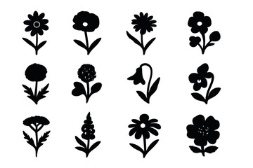 Fototapeta premium Wildflower Icon Grid. Wildflowers in meadow. Solid icon set of Wildflowers in meadow: daisy, poppy, cornflower, buttercup, dandelion, clover, bellflower,