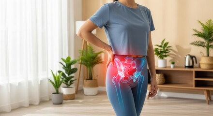 Woman experiences acute hip pain, a vibrant digital x-ray overlay powerfully illustrates the inflamed joint and human skeletal anatomy in a comfortable home setting