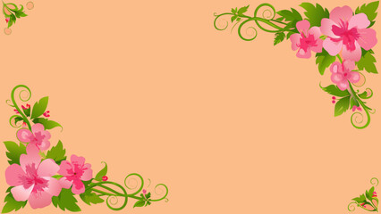 Pink hibiscus flowers and green vines border on peach background