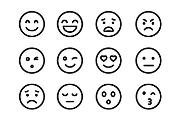 Fototapeta premium Emoji Line Icons. Emoji reactions. Line icon set of emoji reactions: smiling emoji, laughing emoji, crying emoji, angry emoji, surprised emoji, wink emoji,