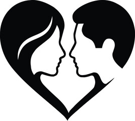 Romantic couple silhouette in heart shape, love icon for relationship themes on a transparent background