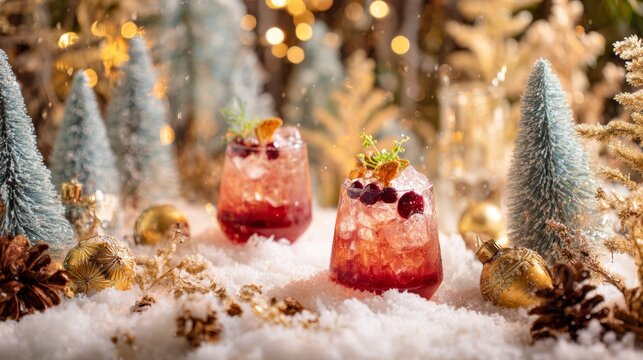 Luxurious Christmas cranberry mocktail drink forest scene featuring two festive beverages placed in snow with ornament make dreamy vibes