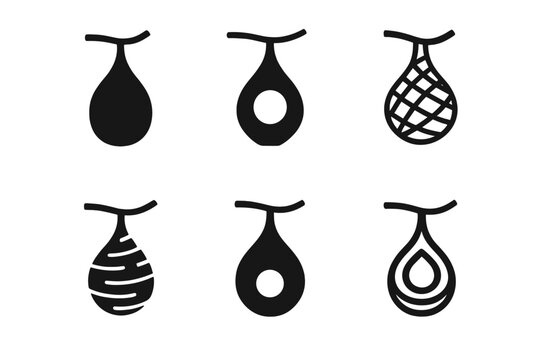 Weaverbird Nest Logos. Nest. Icon set. Set Logo of nest: weaverbird hanging gourd-shaped nest. harmonious logo variations of the same emblematic concept, each