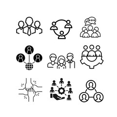 Teamwork icons showing collaborative effort, unified group synergy, partnership symbols, communication elements.