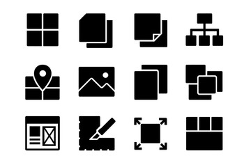 Layout Design Icons. Layout ideas. Solid icon set of Layout ideas: grid frame, layered sheets, sticky note arrangement, sketch diagram, pin placement, photo