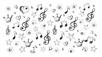 Hand drawn music notes hearts stars and crowns doodle pattern