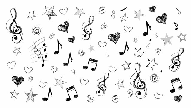Hand drawn music notes hearts and stars pattern background