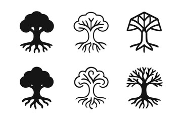 Fototapeta premium Yggdrasil Logo Set. Yggdrasil tree. Icon set. Set Logo of Yggdrasil tree: Mystical tree with floating roots. harmonious logo variations of the same emblematic