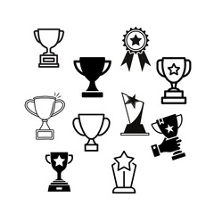 Minimal trophy icons featuring clean lines, victory symbols, award shapes, and achievement graphics in modern style.