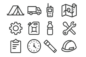 Fototapeta premium Camp Icons Collection. Camp logistics. Line icon set of camp logistics: tent, truck, radio, map, gear box, fuel can, water bottle, tool, clipboard, clock,