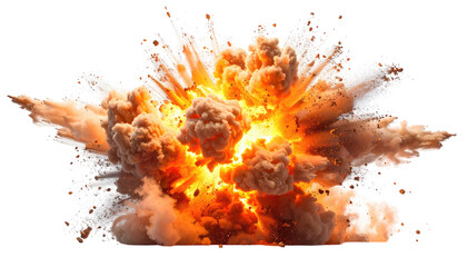 A vibrant image of an explosion. A bright orange and yellow core surrounded by billowing clouds of smoke and debris on a black background