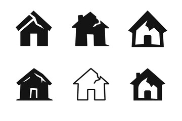 Fototapeta premium Abandoned House Logos. Dilapidated house with no sign of life. Icon set. Set Logo of abandoned home: roof caving inward. harmonious logo variations of the same