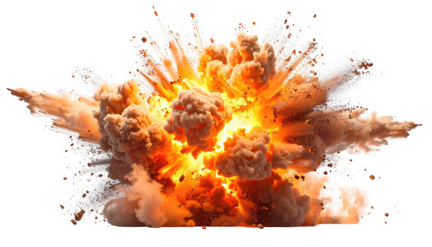 A vibrant image of an explosion. A bright orange and yellow core surrounded by billowing clouds of smoke and debris on a black background - Powered by Adobe