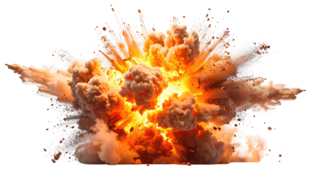A vibrant image of an explosion. A bright orange and yellow core surrounded by billowing clouds of smoke and debris on a black background