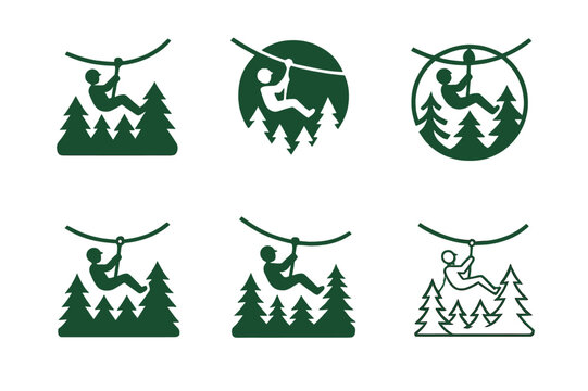 Adventure Park Logos. Outdoor adventure parks and zip-lining. Icon set. Set Logo of outdoor adventure parks and zip-lining: zip-line rope curving over forest