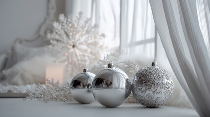 white silver Christmas bauble with diy snowflake and Christmas tree at window side, Christmas theme background