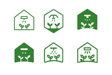 Obraz premium Greenhouse Logo Variations. Greenhouse farming. Icon set. Set Logo of greenhouse: greenhouse with irrigation system. harmonious logo variations of the same