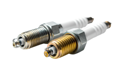 Close-up studio shot of two new spark plugs, one showing a silver finish, the other gold, isolated on a black background