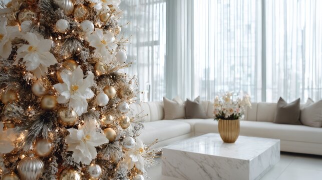 silver gold luxurious Christmas interior, luxurious living room with long sofa and big Christmas tree 
