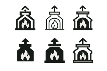 Naklejka premium Fireplace Logo Variations. Lighting the fireplace. Icon set. Set Logo of Lighting the fireplace: chimney draft arrow above cap. harmonious logo variations of