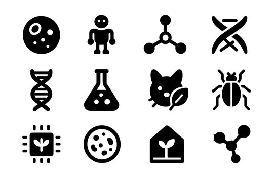 Synthetic Life Icons. Synthetic life. Solid icon set of Synthetic life: artificial cell, bio-robot, nanobot, genetic modification, synthetic DNA, laboratory