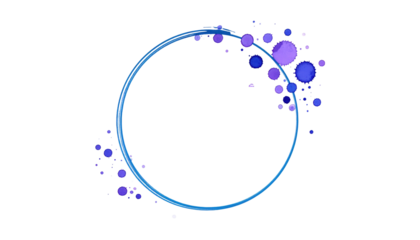 A vibrant, neon blue ring encases dark space, accented by clusters of varying sized and colored spheres