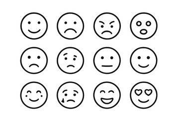 Emotion Icons Grid. Emotional expressions. Line icon set of emotional expressions: happy face, sad face, angry face, scared face, surprised face, confused