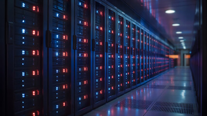 Explore a modern data center with rows of illuminated servers for cloud computing and IT solutions