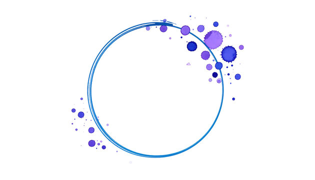 A vibrant, neon blue ring encases dark space, accented by clusters of varying sized and colored spheres